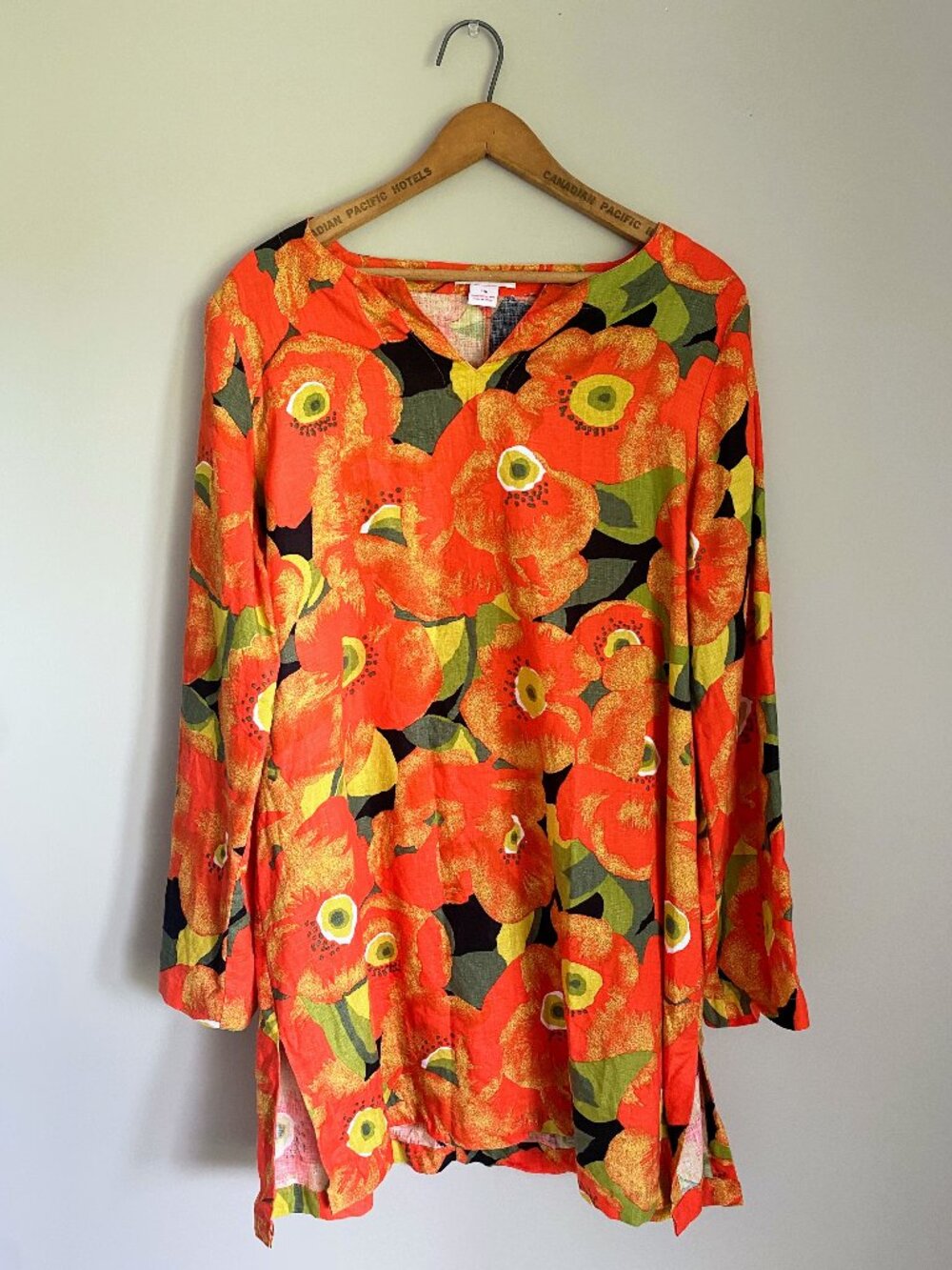 Vintage Orange Red Floral Kaftan Dress / 100% Linen / Y2K